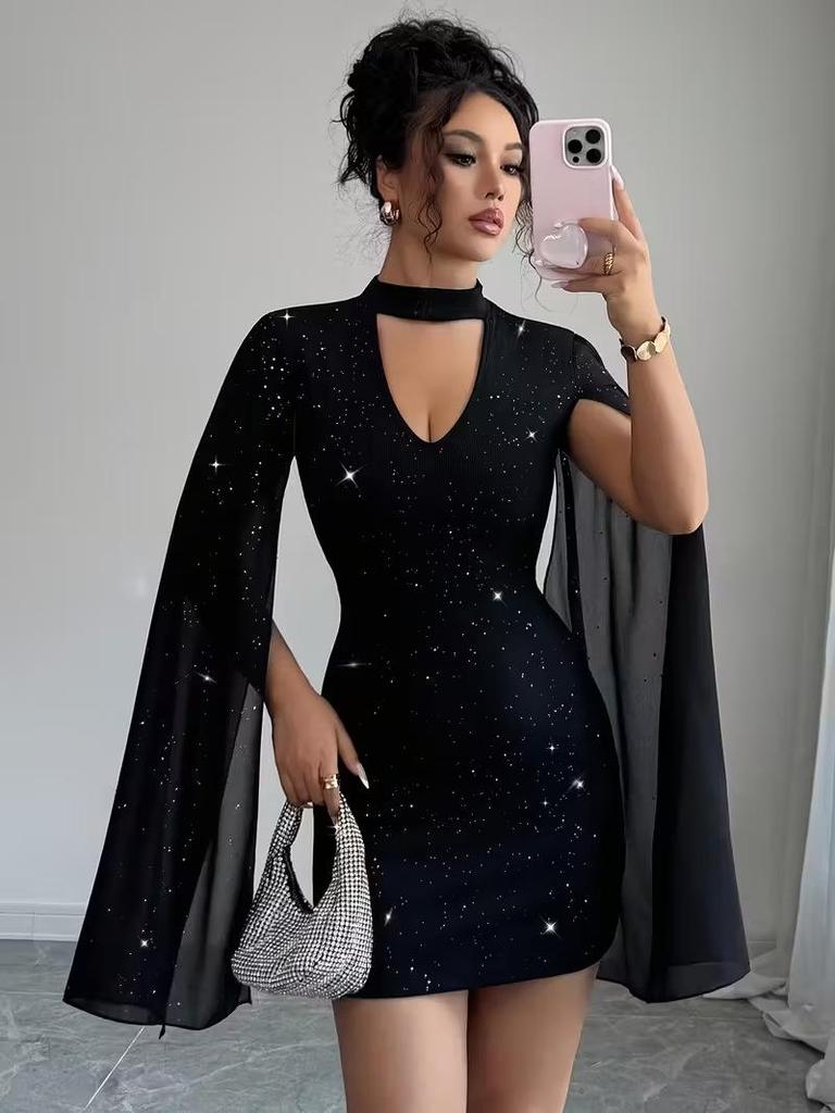 Women's Shiny Halter Neck Bodycon Dress with Lantern Sleeves