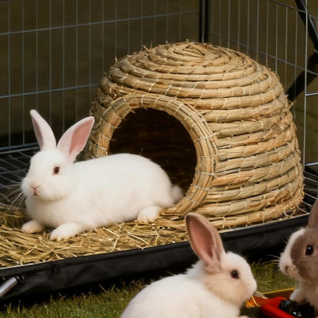 Grass House Hand-Woven Breathable Nest Shelter Chewing Bunny Hutch for Pet Hamster Chicken Home Cats Outdoor Small Animal