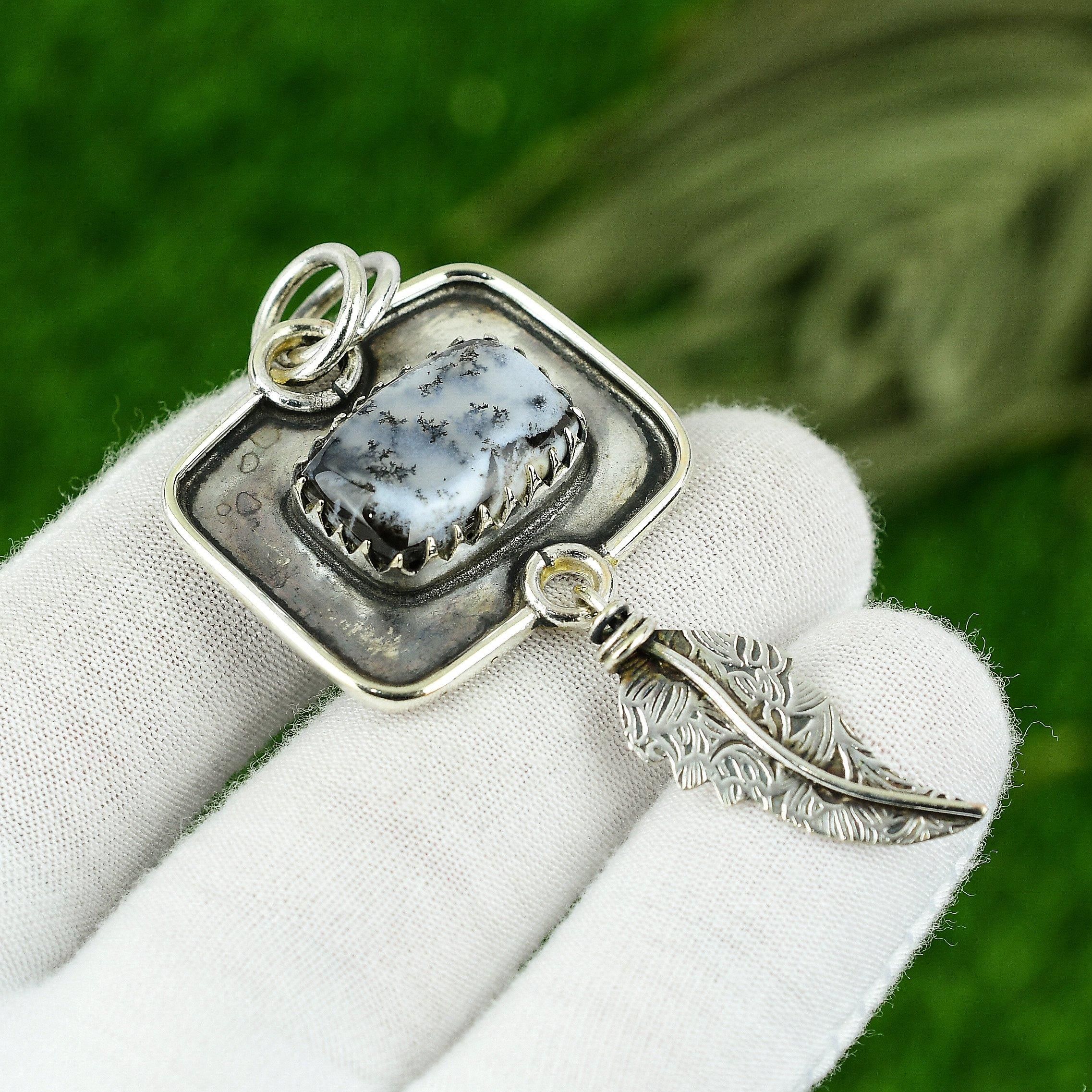 

Womens day Sale Radiant Natural Dendrite Opal Sterling Silver Art Deco Pendant