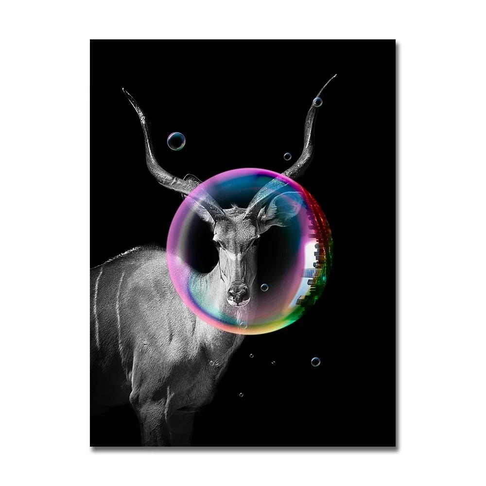 Black Cat with Colorful Bubbles Poster Cute Animal Giraffe Elephant Lion Posters and Prints Wall Arts Canvas Painting Home Decor