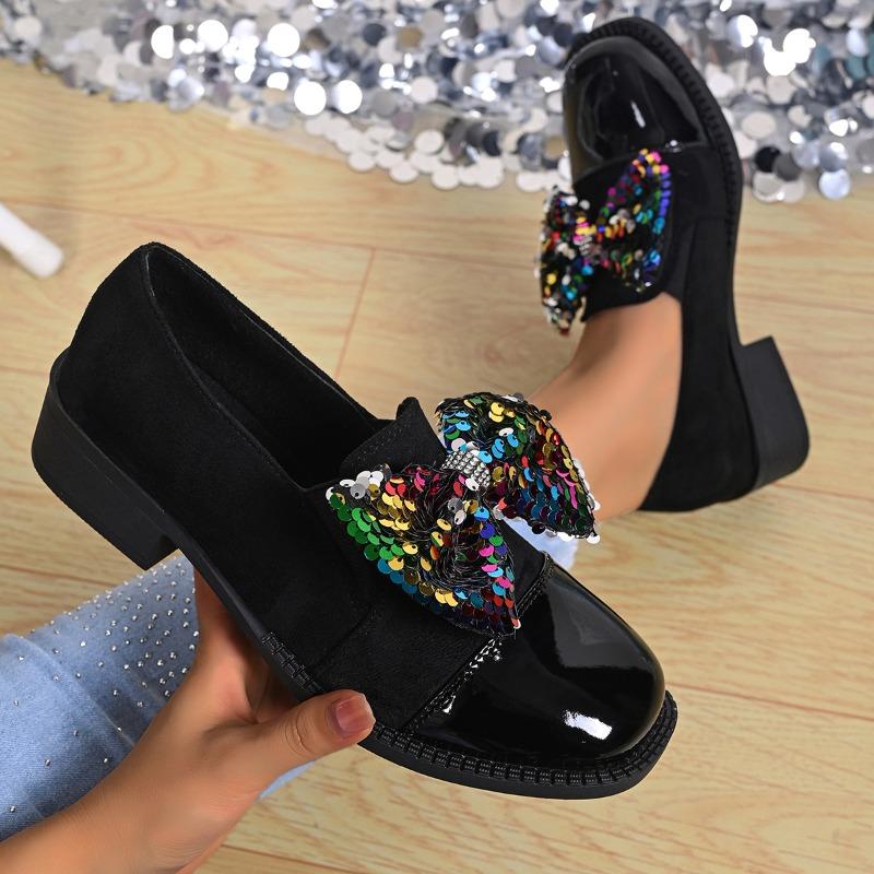 Sequin Bow Single Shoes Autumn New Square Toe Deep Mouth Splice Slip-on Soft Sole Anti-Slip Wear-Resistant Kitten Heels