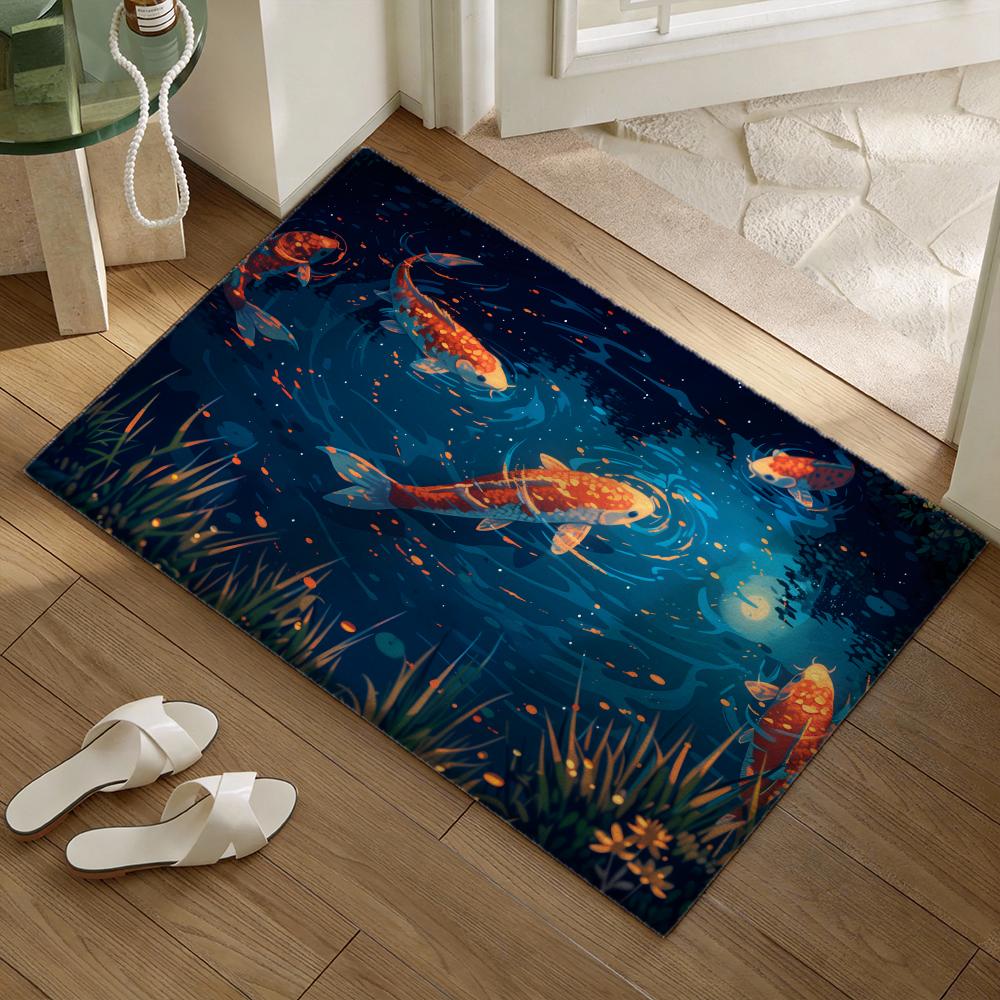 Koi-Fische, die Ihnen Glück bringen Bodenteppich Weiche Flanell-Tür Matte Rutschfest - Verdickter Teppich für Wohnzimmer Heimdekoration