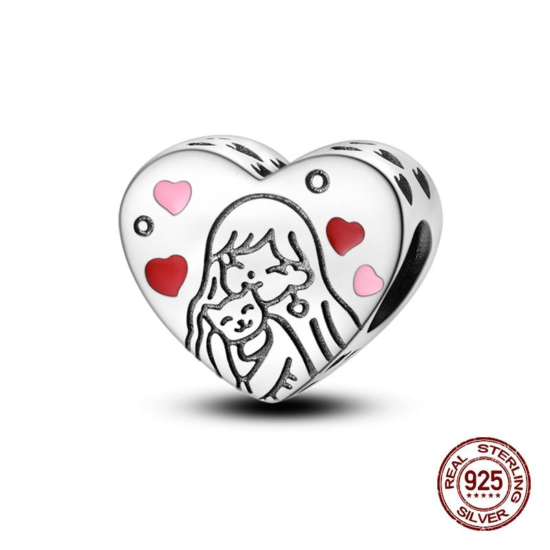 Copper Heart Dog Cat Warm Family Charms Beads Fit 3Mm Original Bracelets Fine Diy Mother'S Day Jewelry Gift