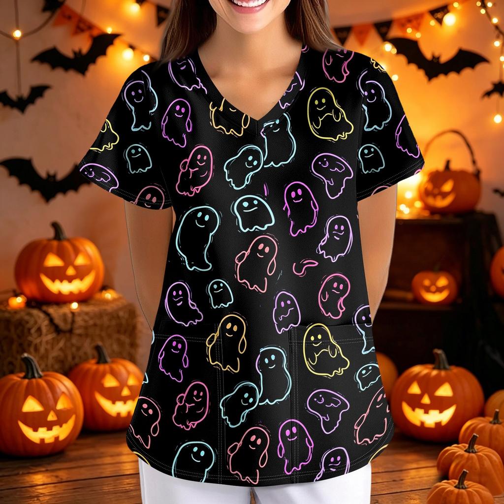 Women Halloween Print Loose V Neck Short Sleeve Medical Scrub Top with Pockets Nurse Uniform Work Shirt for Healthcare Professionals