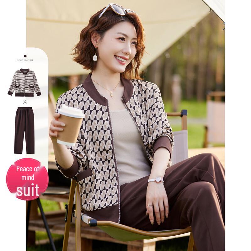 Women's Plus Size Casual Plaid Baseball Jacket & Pants Set