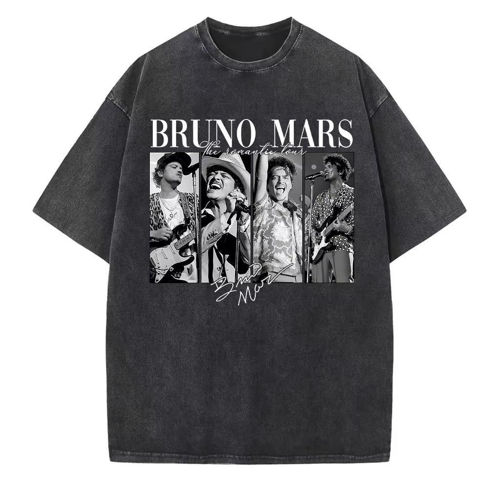 Bruno Mars The Romantic Tour Washed Cotton Printed Tshirt Men Women Hip Hop Short Sleeve Oversized Summer Male Tee Shirt