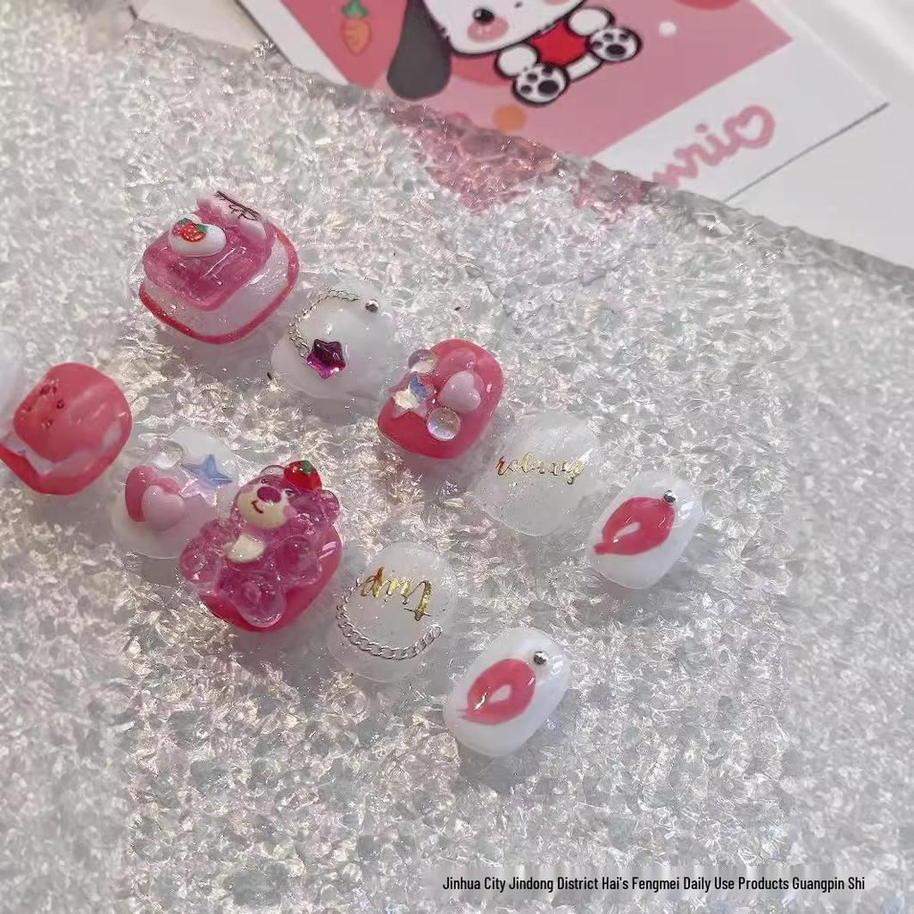 Strawberry Bear Short Wearable Nails - Cute Cartoon Design, Gentle Whitening, Handmade Finished Manicure Patches