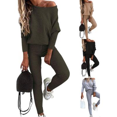 1 Set Women Blouse Pants Set Solid Color Drawstring Autumn Winter Slanted Neck Sweatshirt Mid Waist Sweatpants for Daily Wear