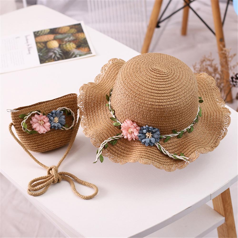 Cute Sun Beach Toddler Baby Girls Summer Hat Flower Sunshade Caps Wide Brim Hats Shoulder Bag
