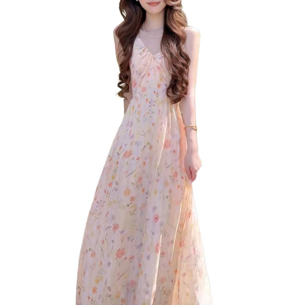 Beautiful temperament French floral suspender dress 2026 new models are popular this year, beautiful long skirts are trendy for women's summer wear