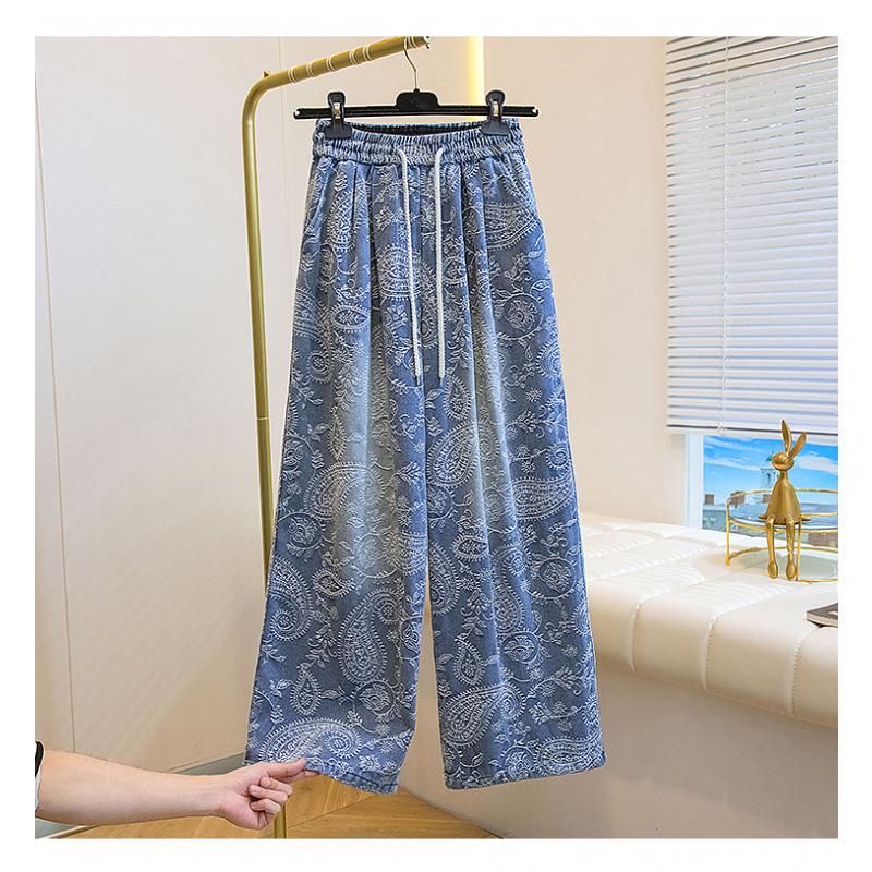 

Plus Size Cashew Print Wide-Leg Drawstring Pants for Women - Slimming, High Waist, Casual Spring Style 4XL кавовий