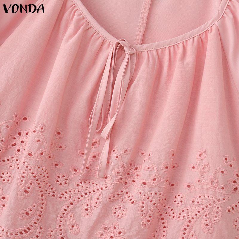 VONDA Camicie Bluse Casual Estive da Donna con Scollo a U, Intreccio di Pizzo all'Uncinetto sul Davanti, Manica Corta