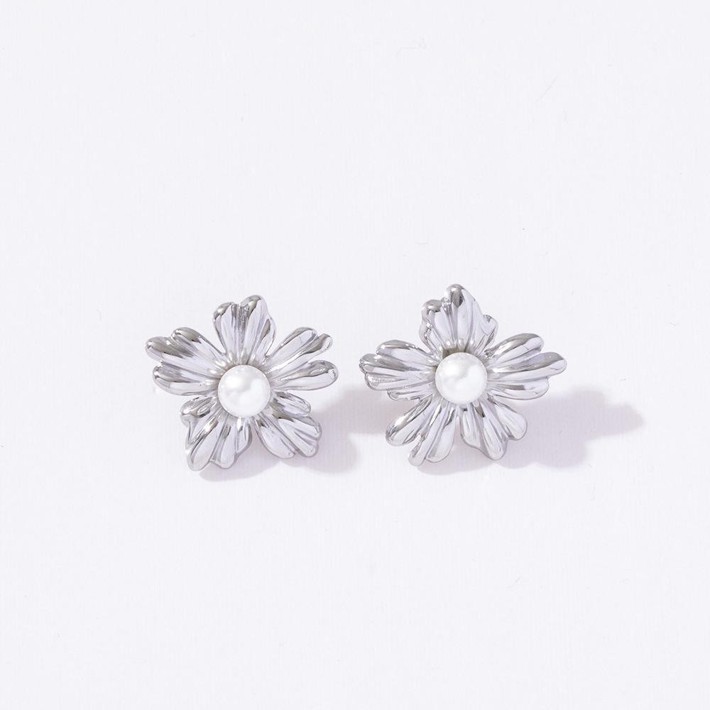 Stainless Steel Baroque Pearl Flower Stud Earrings for Women - Colorfast  High-End Feel