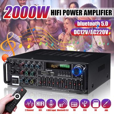 2000W Home Car Bluetooth Stereo Amplifier Surround Sound USB SD AMP FM AUX 4 Mic LCD Display Home Cinema Karaoke