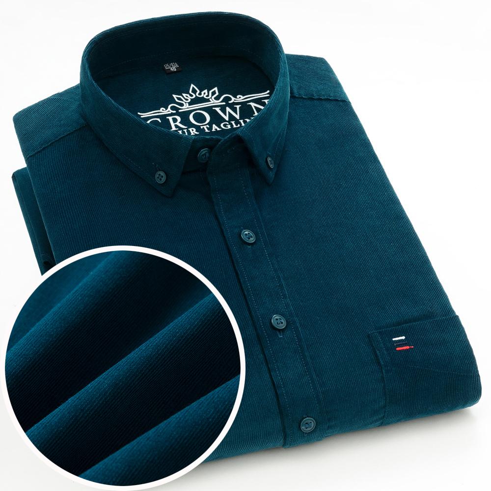 

Вельветова сорочка на ґудзиках для чоловіків у ретро стилі, з довгим рукавом, приталена, повсякденна, сорочка-оверсайз з кишенею, 100% бавовна, весна-осінь, робочий одяг 45 peacock синього кольору