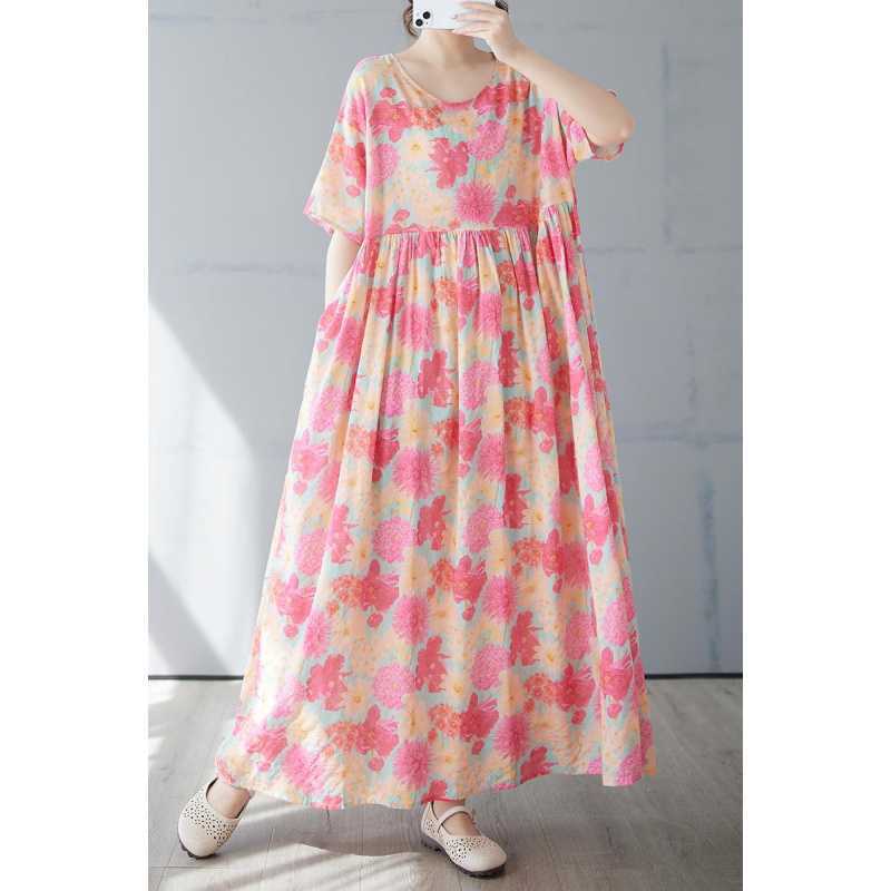 Damen Einfacher und Modischer Langer Rock, Kurzärmeliges Rundhals-Druckkleid