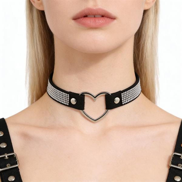 Unisex European Punk Black Leather Choker with Metal Chain and Lock Pendant.
