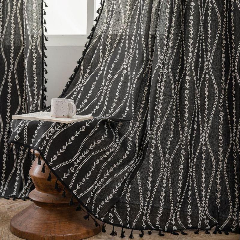 Stripe Floral Boho Curtains for Bedroom Living Room, Bohemian Vintage Tassels Window Treatment Drape for Home Decorations Rod Pocket,1pc