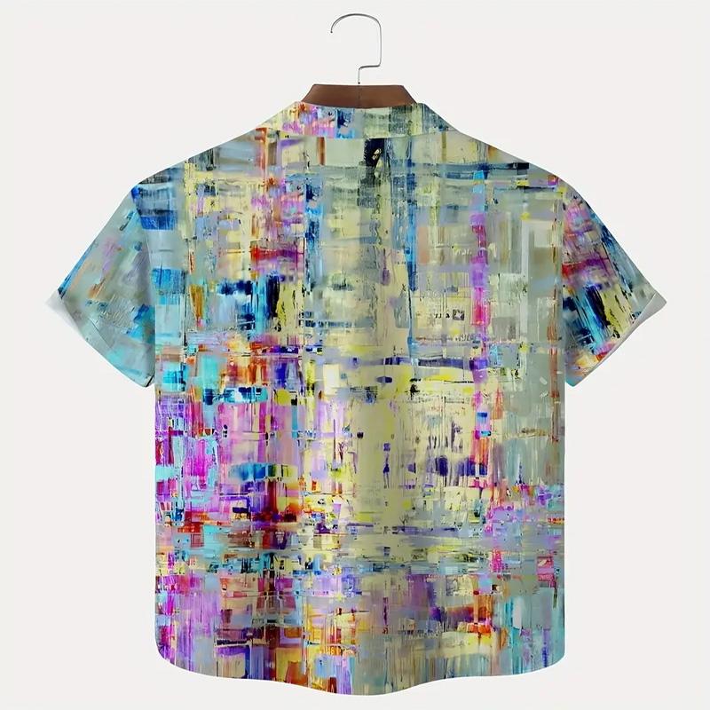 Camisa de Manga Corta para Hombre con Estampado Abstracto Degradado Vibrante y Botones, Fibra de Poliéster Ropa Casual para Vacaciones de Verano