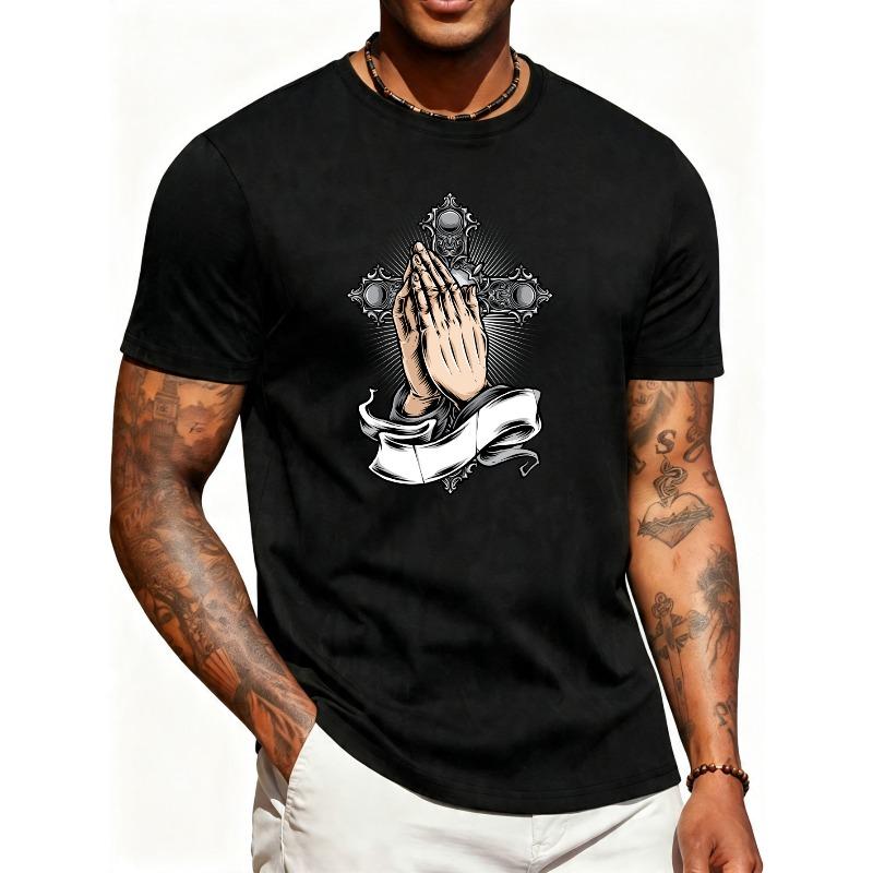 Religious Art Men's T-Shirt Prayer Hands with Cross And Ribbon Design for Casual Wear In Spring And Autumn Perfect Gift for Faithful Men