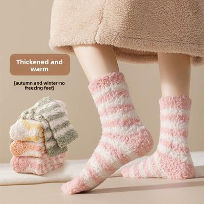 Striped Coral Fleece Socks for Women – Thick Warm Sleep Socks for Fall and Winter, Cozy Indoor Home Slippers