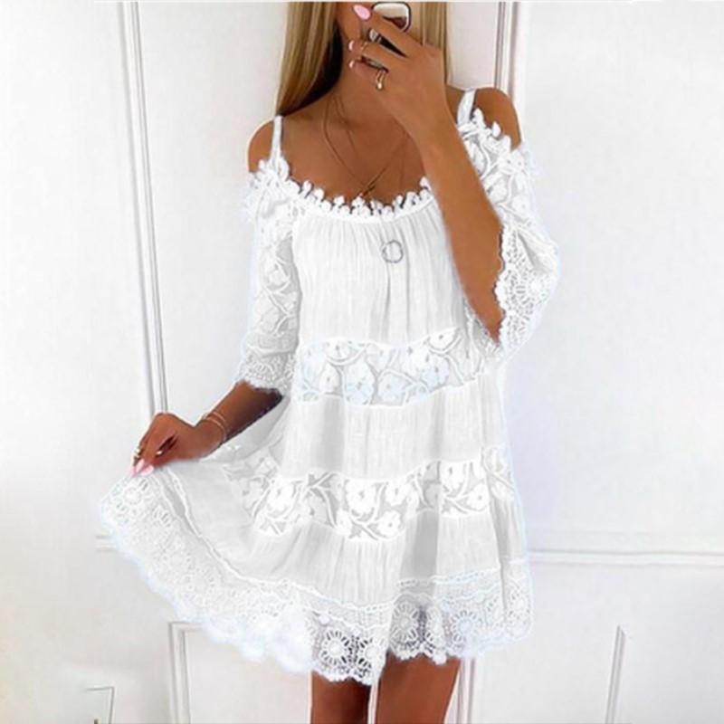 Princess Style Dress Off Shoulder Lace Strap Dress Casual Solid Loose Fit Dress