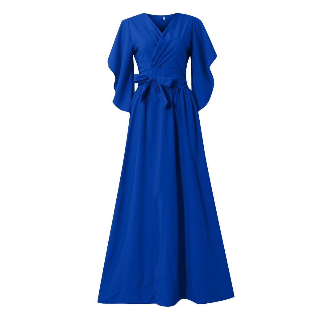 Women's Casual Color Irregular Flared Sleeves Loose V Neck Long Dress