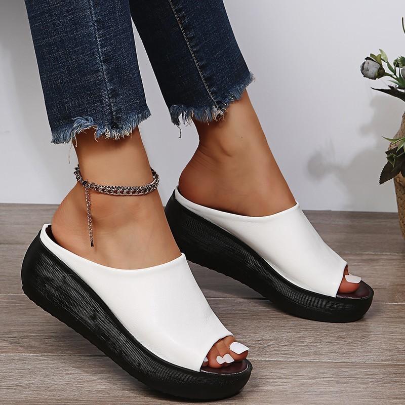Fashion Plus Size 35-44 Shoes for Women Summer Leather Platform Slippers Wedges Peep Toe Outdoor Beach Sandalias Mujer Women Slippers