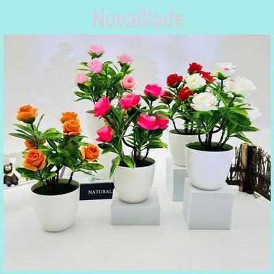 Artificial Seven Rose Desktop Plant With Miniature Greenery For Wedding Decor