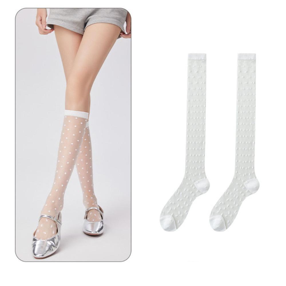 Sweet Ultra-thin Women Stockings Crystal Silk Transparent Knee Socks Polka Dot Pattern Elastic Long Socks Summer Season One Size белый