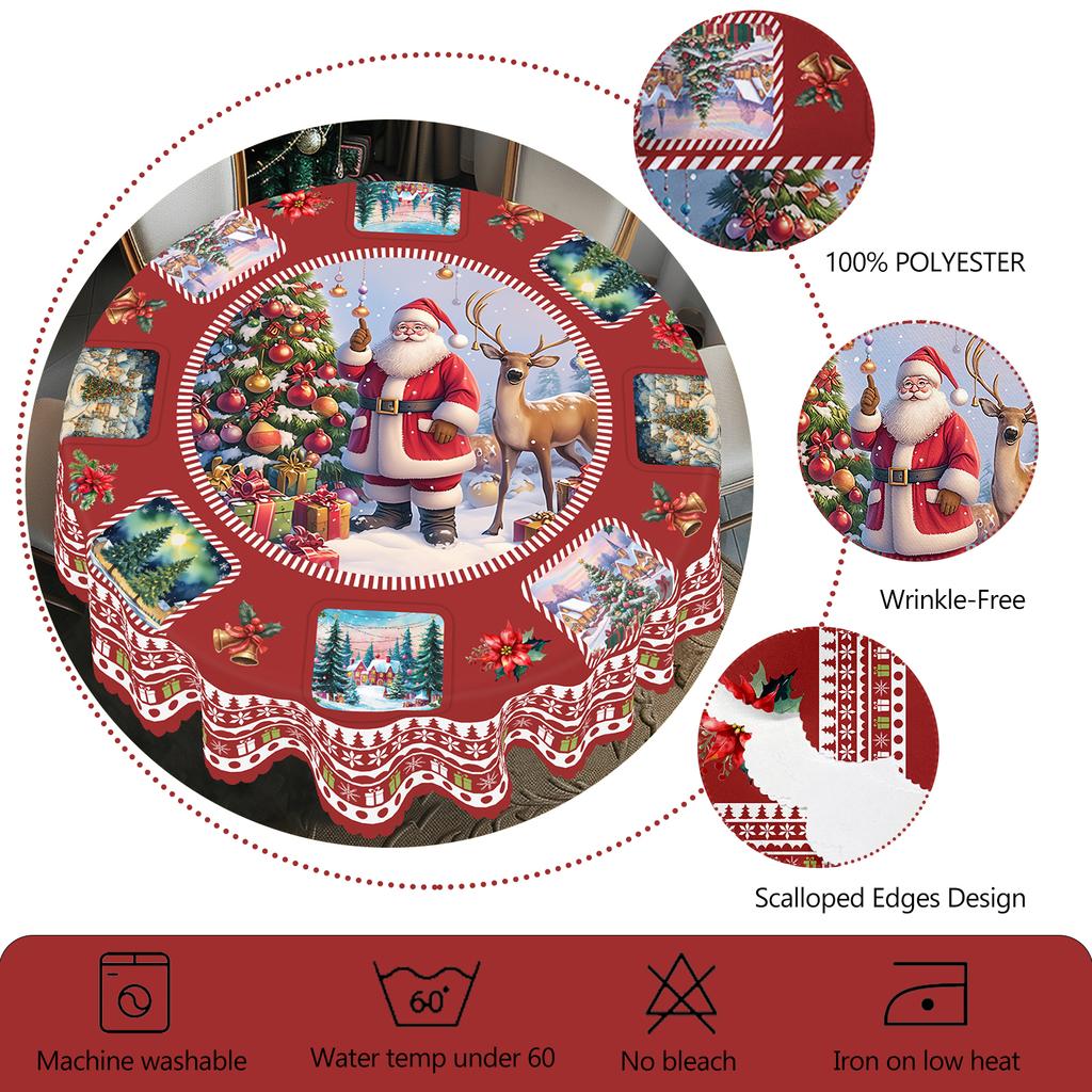 1 Piece Of Christmas Round And Rectangular Tablecloth, Various Sizes, Santa Claus And Christmas Tree Exquisite Scene Print Red Tablecloth, Christmas C