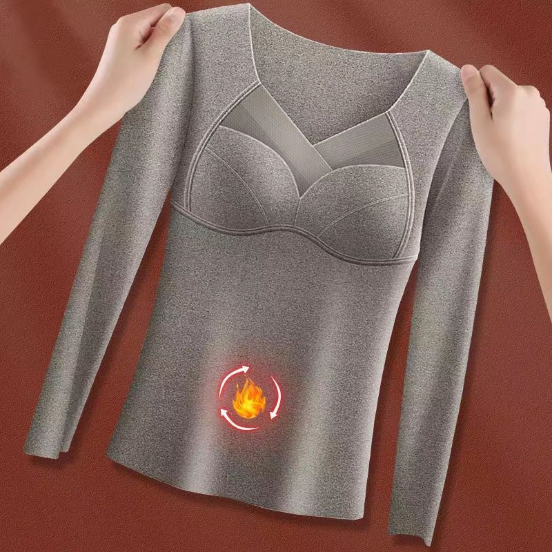 Women's Velvet Underwear with Chest Pad Autumn Winter Base Shirt Long Sleeve Thermal Underwear