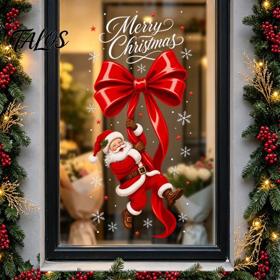 Decorative Glass Clings Static Sticker, Christmas Theme Bow Pattern Print, Removable Holiday Window Decorations Electrostatic PVC Film for Home