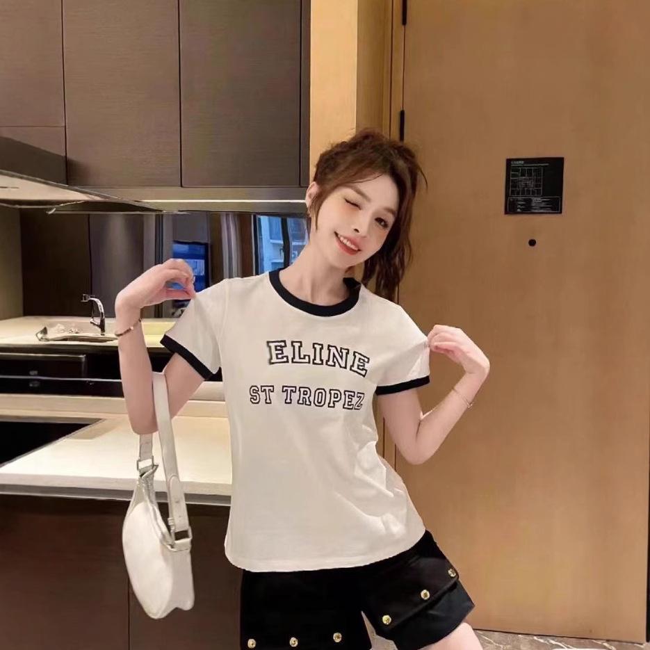 Women s Color Block Flocking Letter Short Sleeve T-shirt – Casual, Loose, Versatile Base Layer for Spring/Summer L (In Stock)