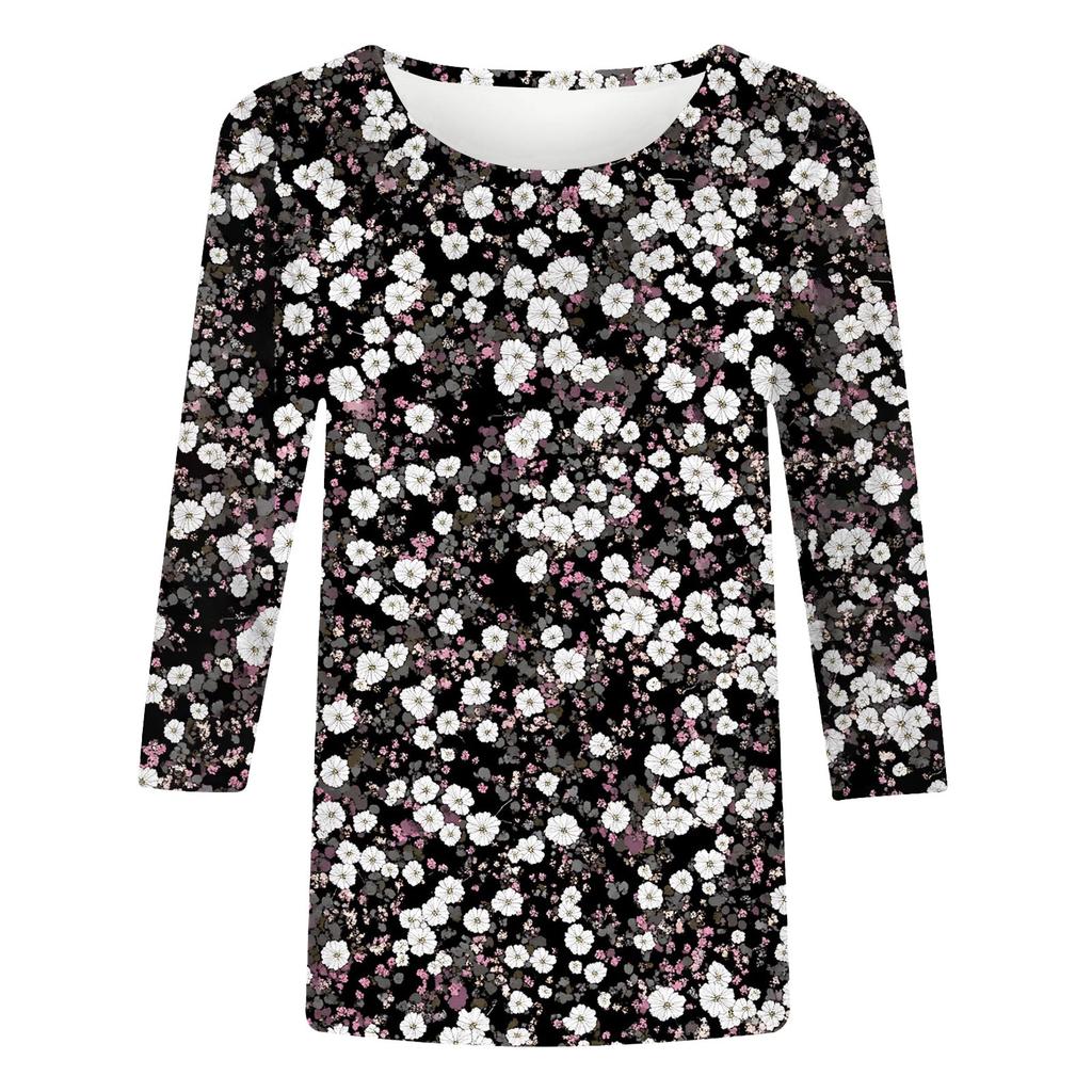 Women's Fashion Casual Three-quarter Sleeve Floral Print  Neck Top