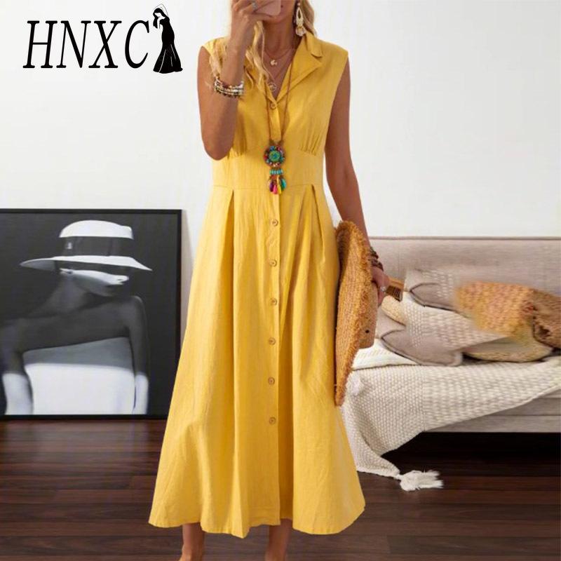 

HNXC A-line Dress Elegent Beauty Lady Dress Single-breasted Long Dress with A Large Hem Solid Color XXXL жёлтый