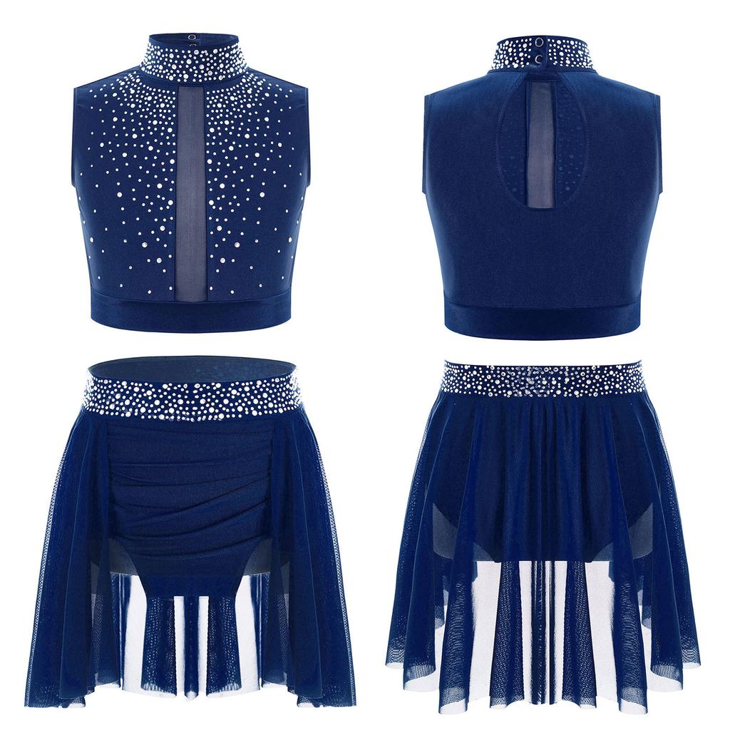 Children’s Sparkle Rhinestone Sleeveless Mock Neck Top Keyhole Back and Ruched Irregular Skirt for Dance Show Practice