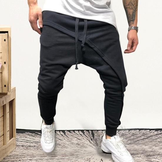 Men Harem Pants Solid Color Ankle Tied Streetwear Hip Hop Double Layer Running Baggy Pants for Jogging