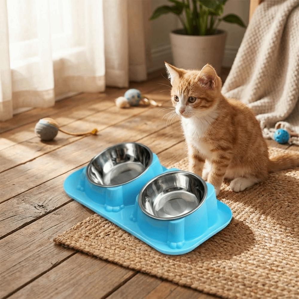 Oblique Mouth Stainless Steel Pet Bowl Anti-Overturning Double Pet Bowl  Puppy Feeding