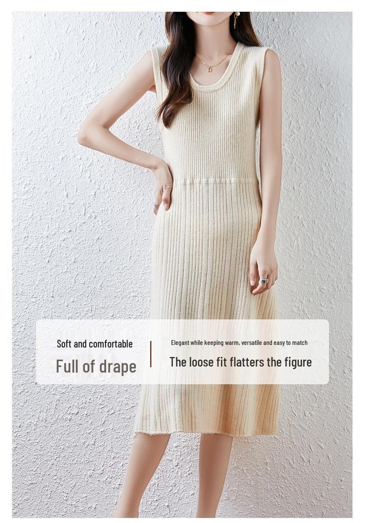 Autumn/Winter U-neck Waist-cinching Sleeveless 100% Pure Wool Vest Dress - Elegant, Fashionable, Slimming, Solid Color.