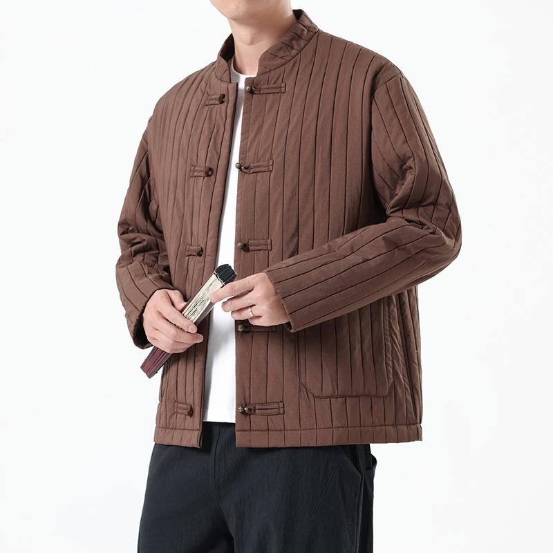 Autumn Men New Chinese Style Jackets Men Thick Warm Soild Color Coat Male Vintage Stripe Black Jacket Man Tang Costume Hanfu