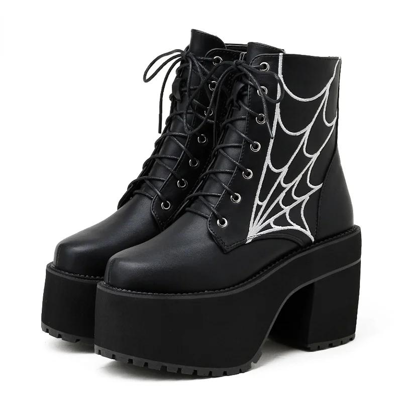 Fashion Women's Platform Chunky High Heel Ankle Boots Black Buckle Strap Lace Up Side Zipper Motorcycle Boots Punk Style Shoes