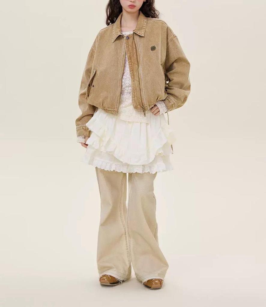 In Stock: Romantic Lace Denim Jacket with Detachable Knit Collar and Bud Hem - Girlish Style for Autumn