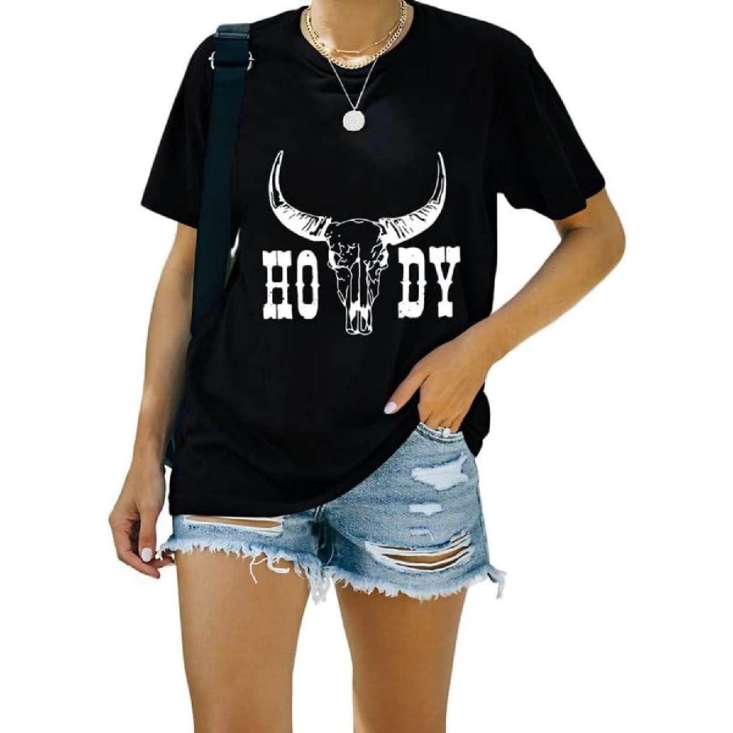 Howdy Cowgirl T-Shirts for Women Vintage Western Shirts Casual Country Music Graphic Tee Tops Howdy Tshirt, Black, X-Large S