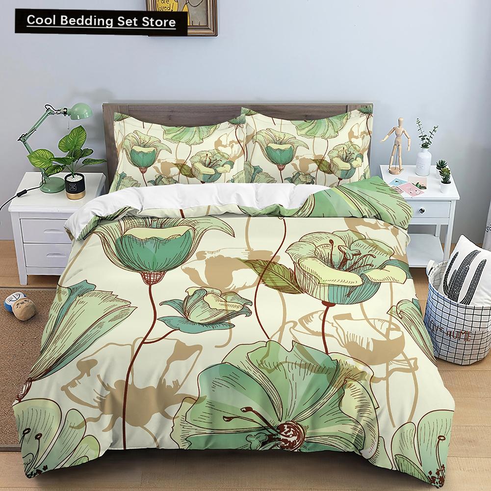 Floral King Queen Duvet Cover Fuchsia White Flower Bedding Set for Girl Women Colorful Plant Leaves 2/3pcs Polyester Quilt Cover