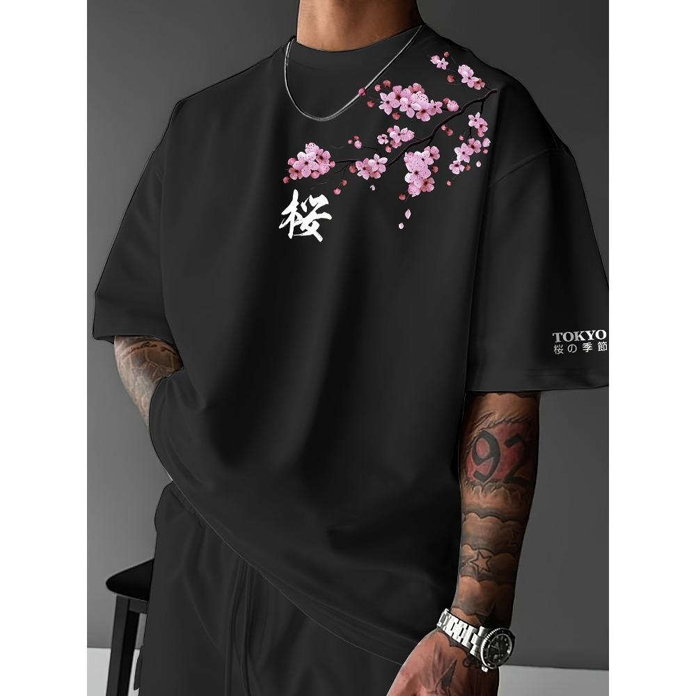 Cherry Blossom Pattern Japanese Style T-shirt Men and Women Summer Cotton Clothing Round Neck Short Sleeved Tee