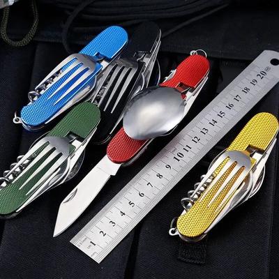 Foldable Tableware Knife Spoon Fork 6-In-1 Tablespoon Stainless Steel Bottle Opener Outdoor Camping Fruit Knife Folding Knife