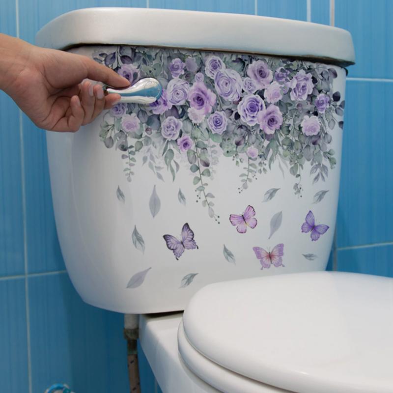 1Pcs Flower Floral Toilet Stickers Green Plant Leaves Wall Stickers Decoration Waterproof Self-Adhesive Decals Bathroom Sticker