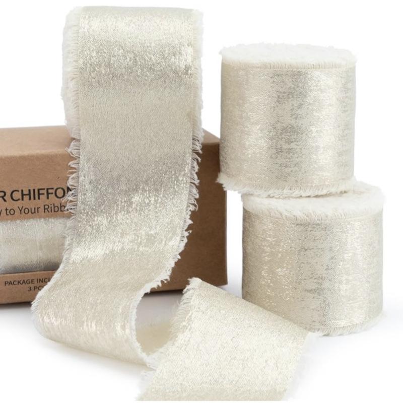 5 Yards Frayed Edged Satin Handmade Bronzing Ribbon for Wedding Invitation Bouquets Birthday Party DIY Decoration Gift 3Roll