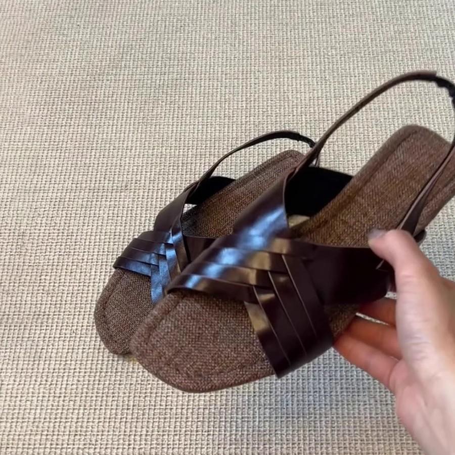 Sheepskin version~ Vintage woven cross-strap flat-soled Roman shoes back strap versatile square head casual open-toed sandals women